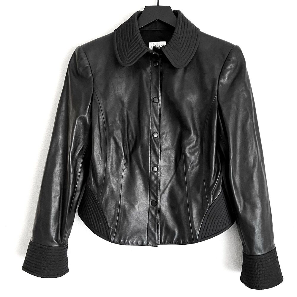 Armani Collezioni Women’s Size 4 Snap On Leather Jacket Coat Peplum Black